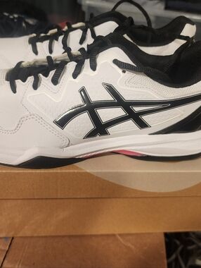 Asics White and Black Athletic Shoes with Pink Accent